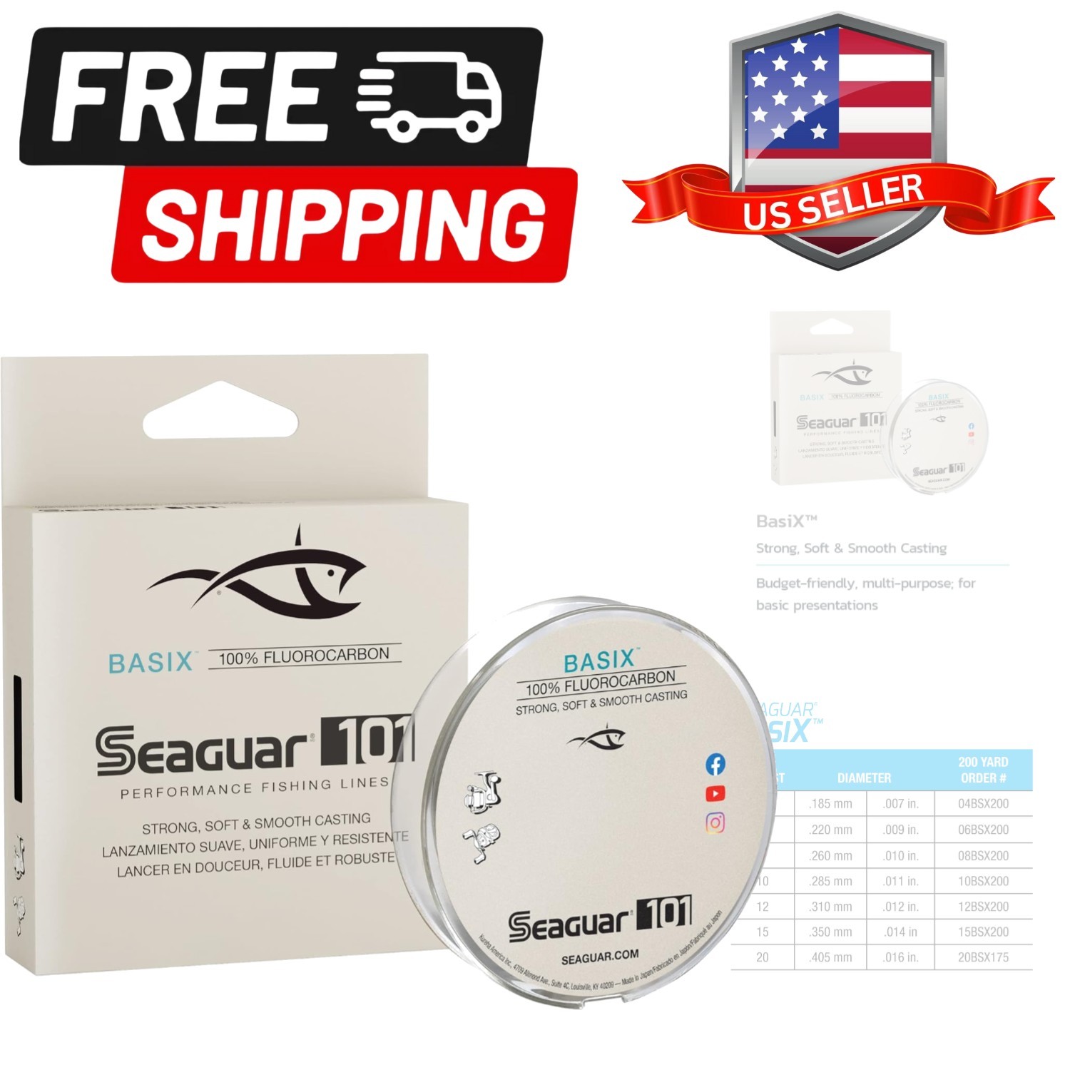 Basix Freshwater Mainline, 100% Fluorocarbon Fishing Line, Multiple Sizes