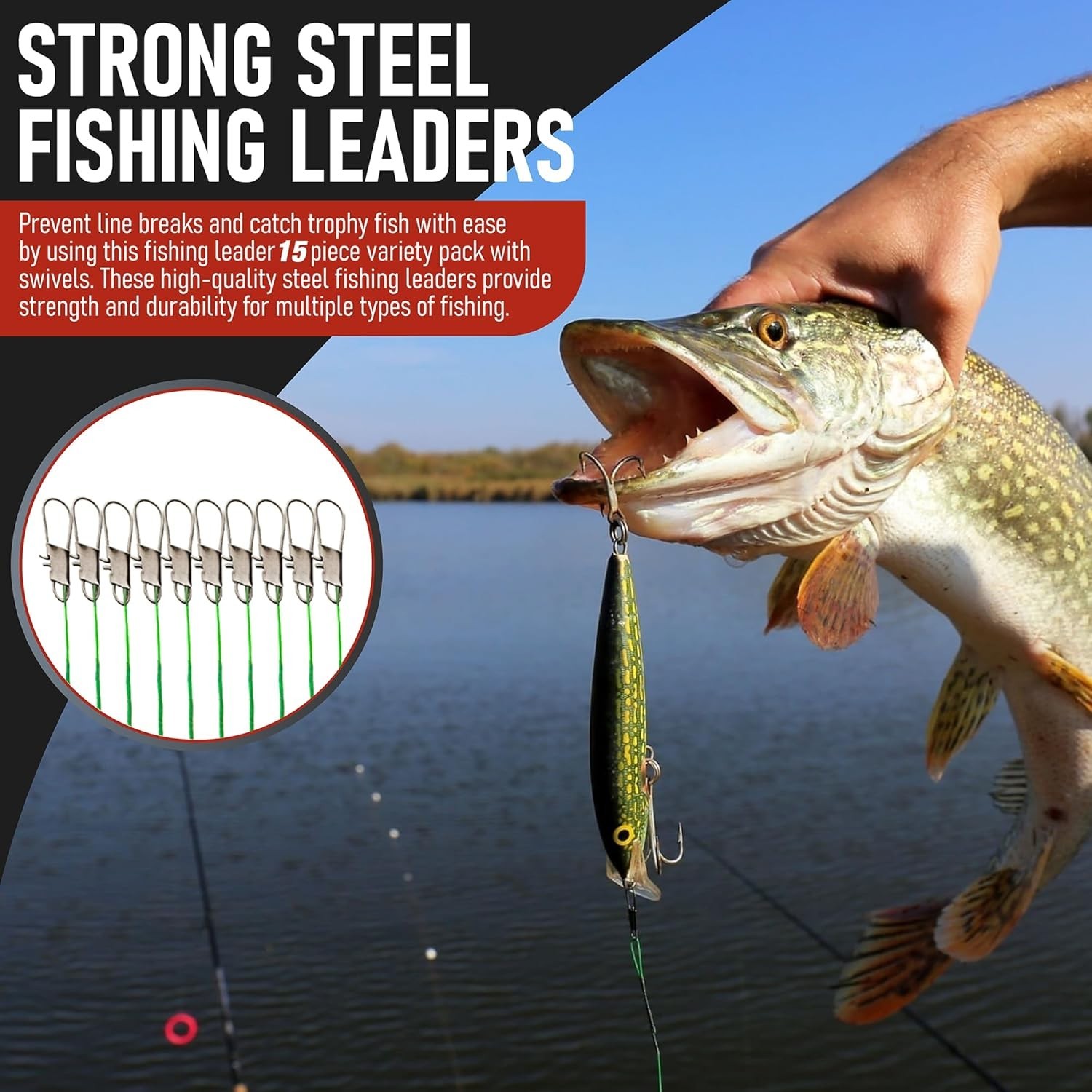 15-Piece Steel Fishing Leaders with Swivels – Ideal for Carp, Pike, & Catfish