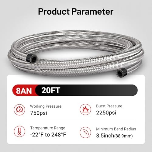 8AN Fuel Line, 8AN Braided Fuel Hose Nylon CPE 20FT 8AN 20FT Silver