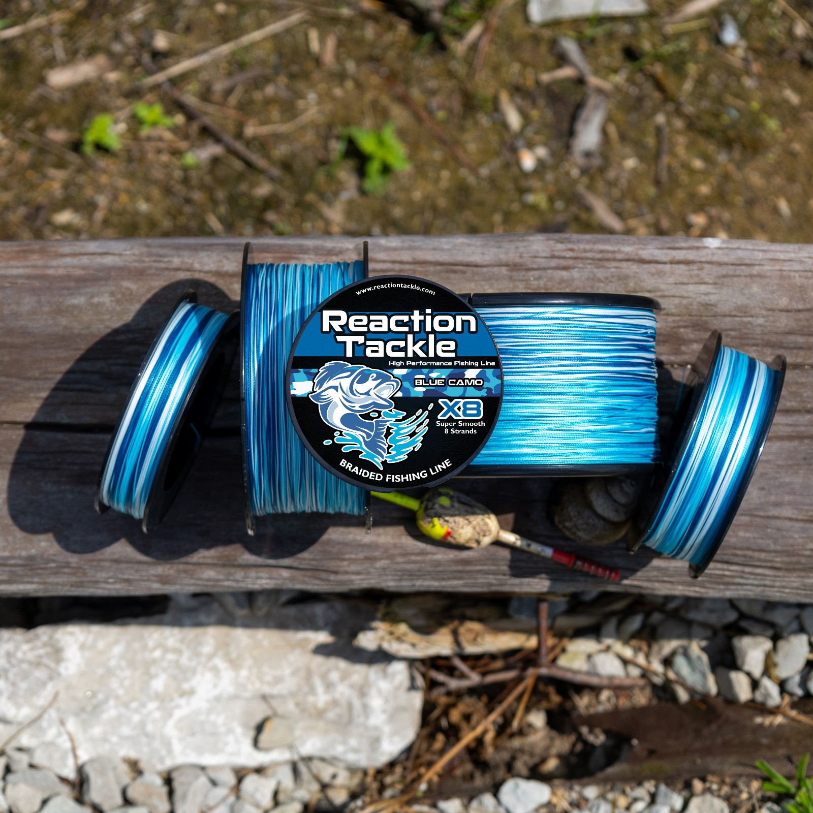 Reaction Tackle Braided Fishing Line / Braid – Blue Camouflage / 4 and 8 Strands