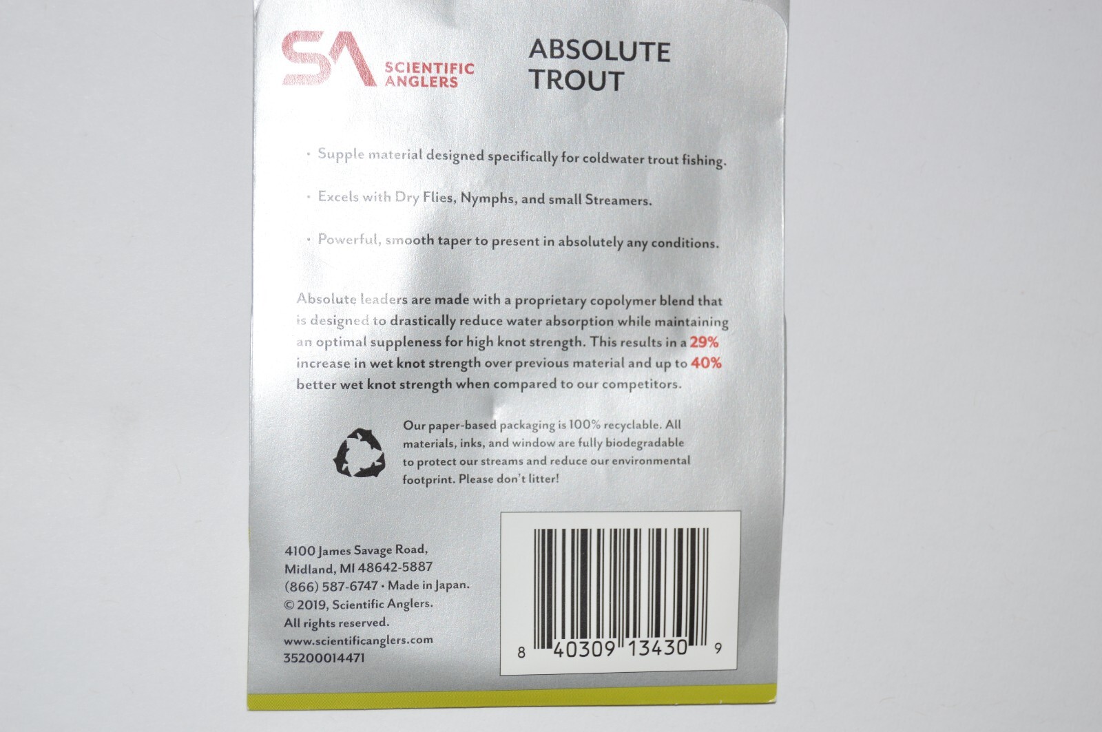 scientific anglers absolute trout leaders cold water 9ft 1x 13.9lb 3 per pack