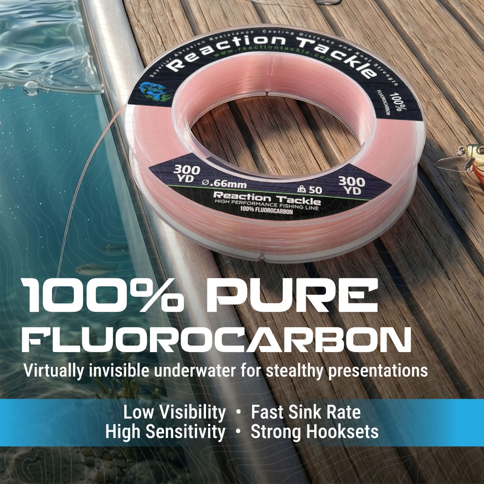 Reaction Tackle 100% Pure Fluorocarbon Fishing Line Pink or Clear Colors