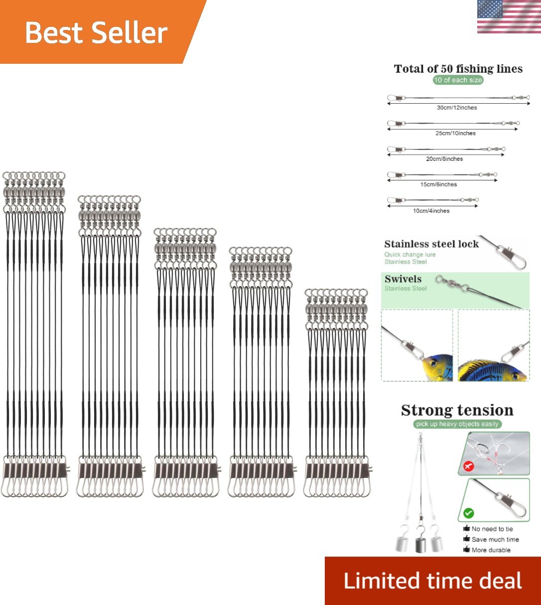 Versatile Fishing Leaders – 50 Pcs Stainless Steel Wire Set with Snaps & Swivels