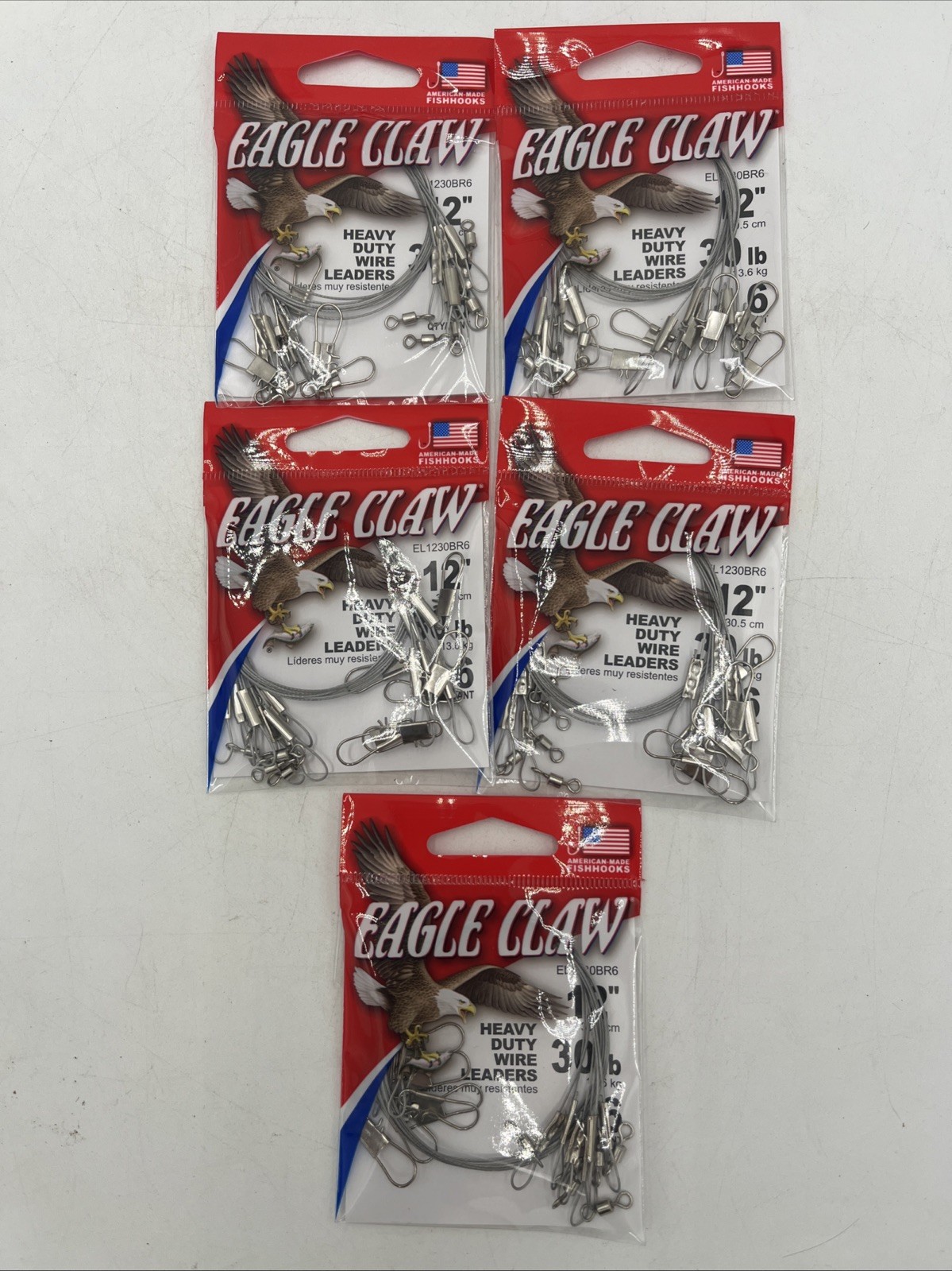 5 Packs Of Eagle Claw Heavy Duty Wire Leaders 6/pack, 30 LB, 12″