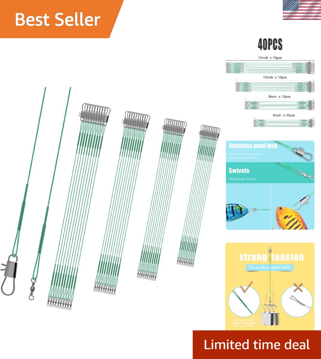 40-Piece Anti-Bite Stainless Steel Fishing Leaders – 4 Sizes for Every Catch