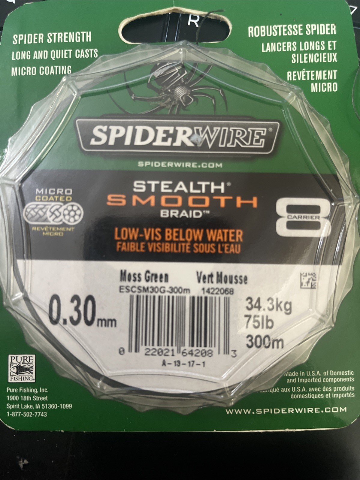 Spiderwire 8 Moss Green 75LB 34.3KG 300yd Braid HIGH PERFORMANCE spider wire