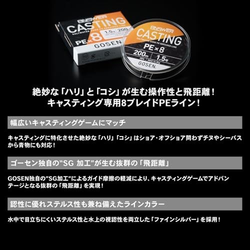 NEW GOSEN Answer Casting PE x 8 150m Fine Silver 1.5 30lb