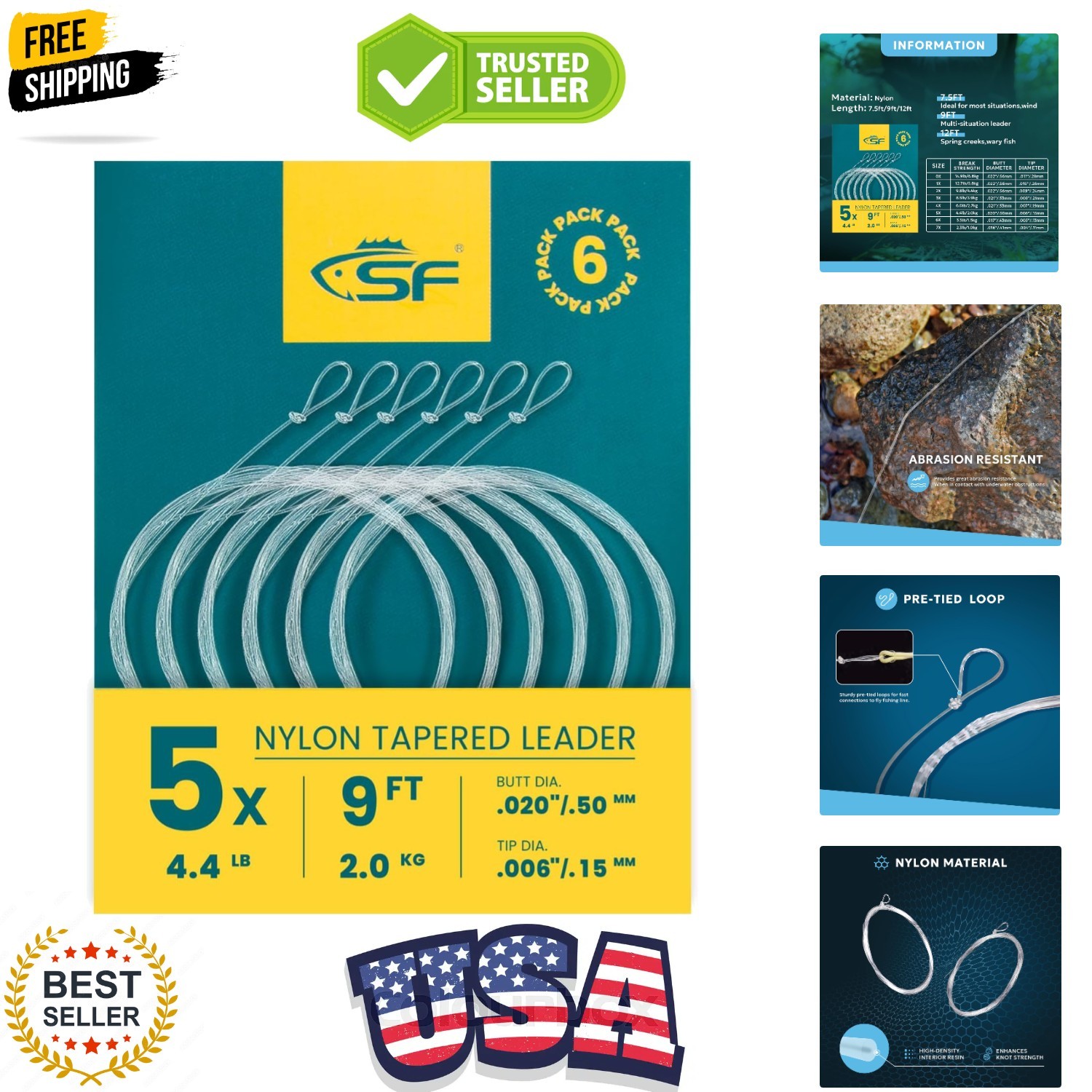 6PCS Pre Tied Loop Fly Tapered Leader Nylon Fly Fishing Trout Leader Line 9FT-5X