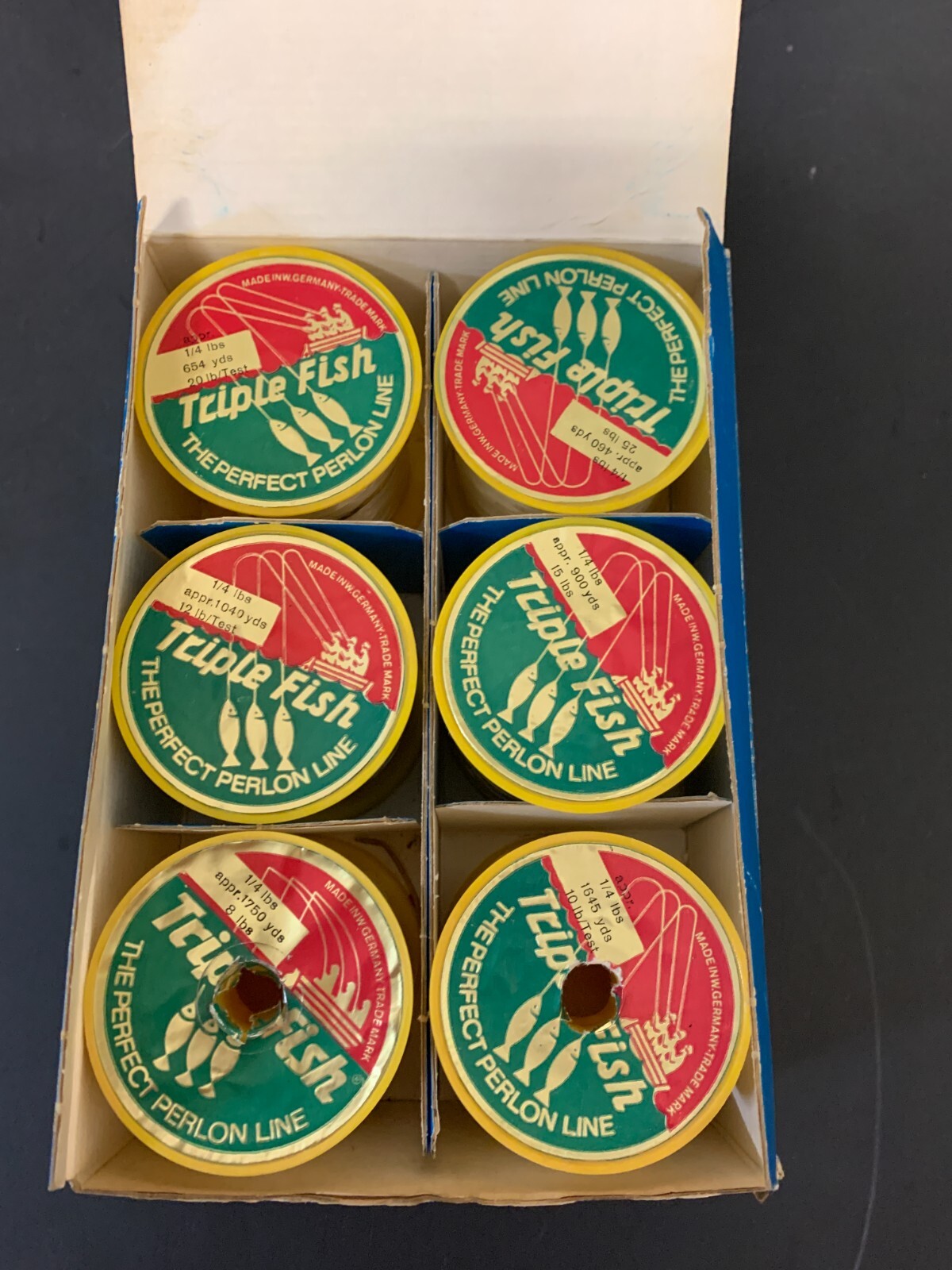 Lot of 6 Triple Fish Perlon Fishing Line 1/4 lb 25 lbs each spool = 460 yards