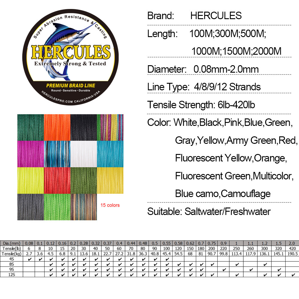 HERCULES Braided Extreme Super Fishing Line 500m Yards 10lb-300lb PE 8 Strands