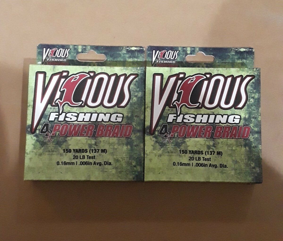 LOT OF 2 VICIOUS 4X POWER BRAID FISHING LINE 20LB TEST 150 YDS GREEN NIBS