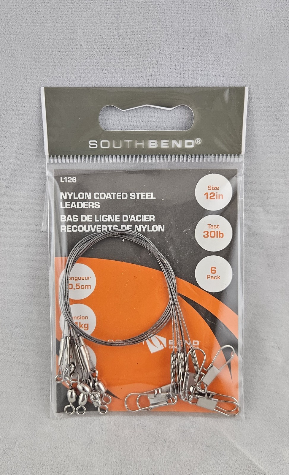 1 PACK South Bend Nylon Coated Steel Leaders 12in. 30lb w/Snap Swivel 6 Count