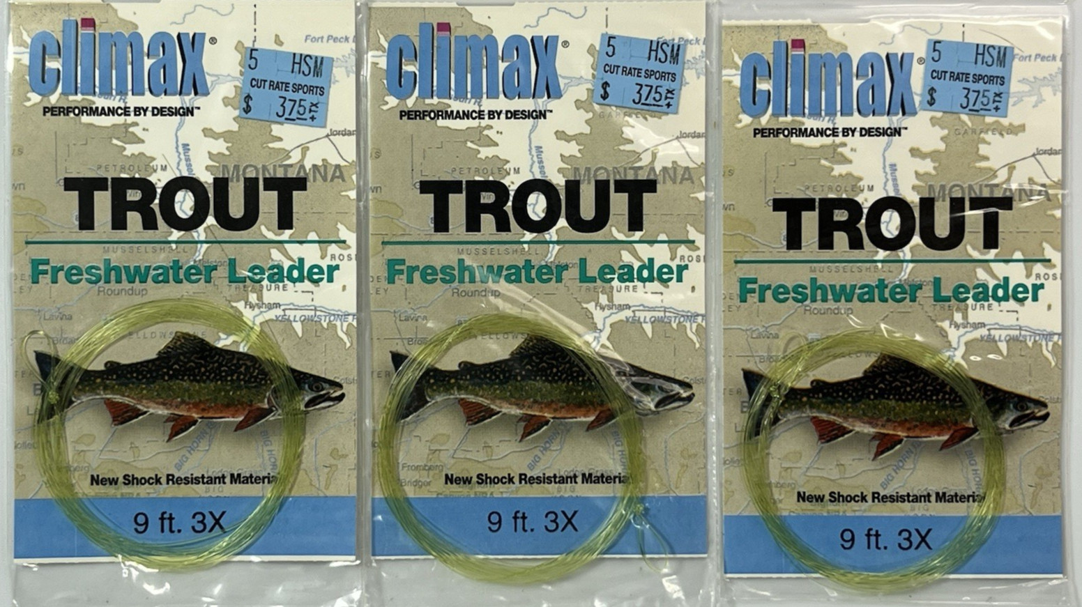 Lot of 3 Climax Trout Freshwater leader 9′ 4X Tapered Leader with loop