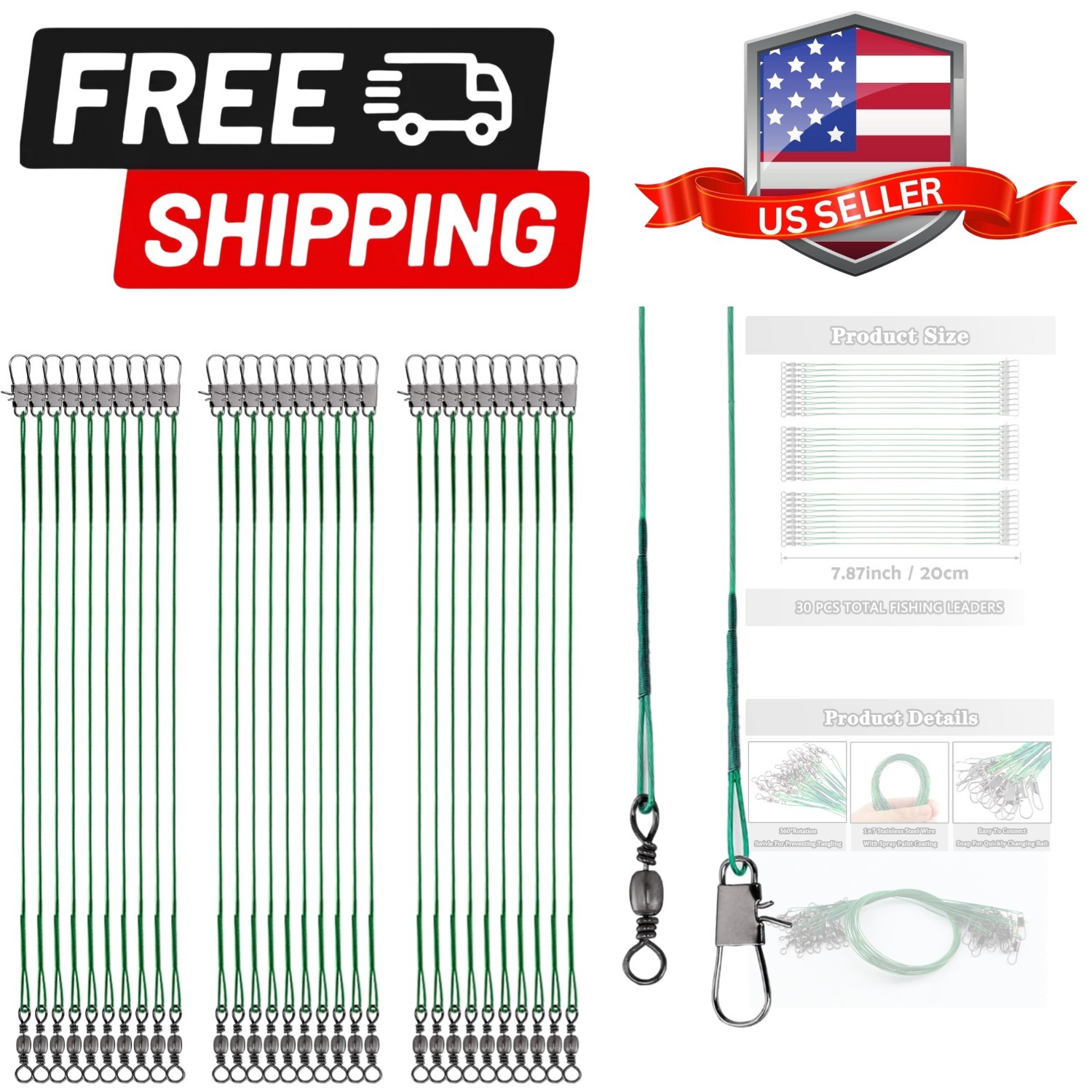 30pcs Stainless Steel Leader Wire Fishing Leader Line with Swivel Snaps Fishi…