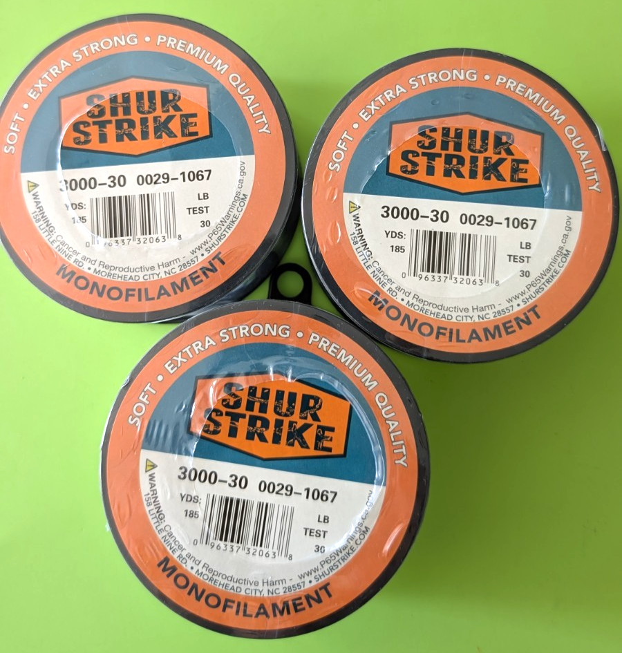 3 Spools Shur Strike Monofilament Fishing Line 30 lb Test 185 yd Ea. Spool Clear