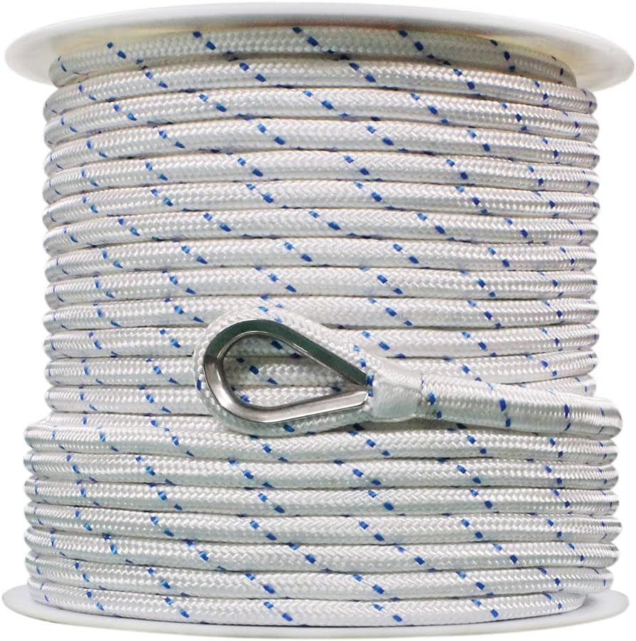 Boattector Double Braid Nylon Anchor Line with Thimble – 1/2″ X 150′, White with