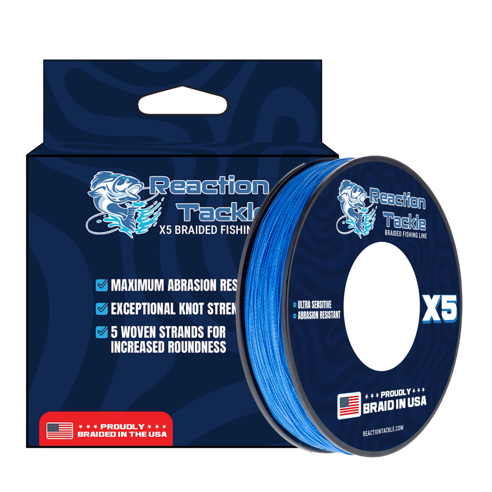 Reaction Tackle Braided Fishing Line Braided in USA 5X Blue or Green Braid