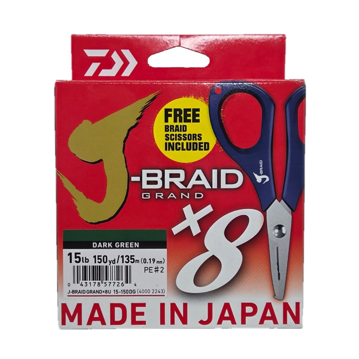 NEW Daiwa J-Braid Grand x8 Braided Line 15lb 150yd Dark Green + Free Scissors