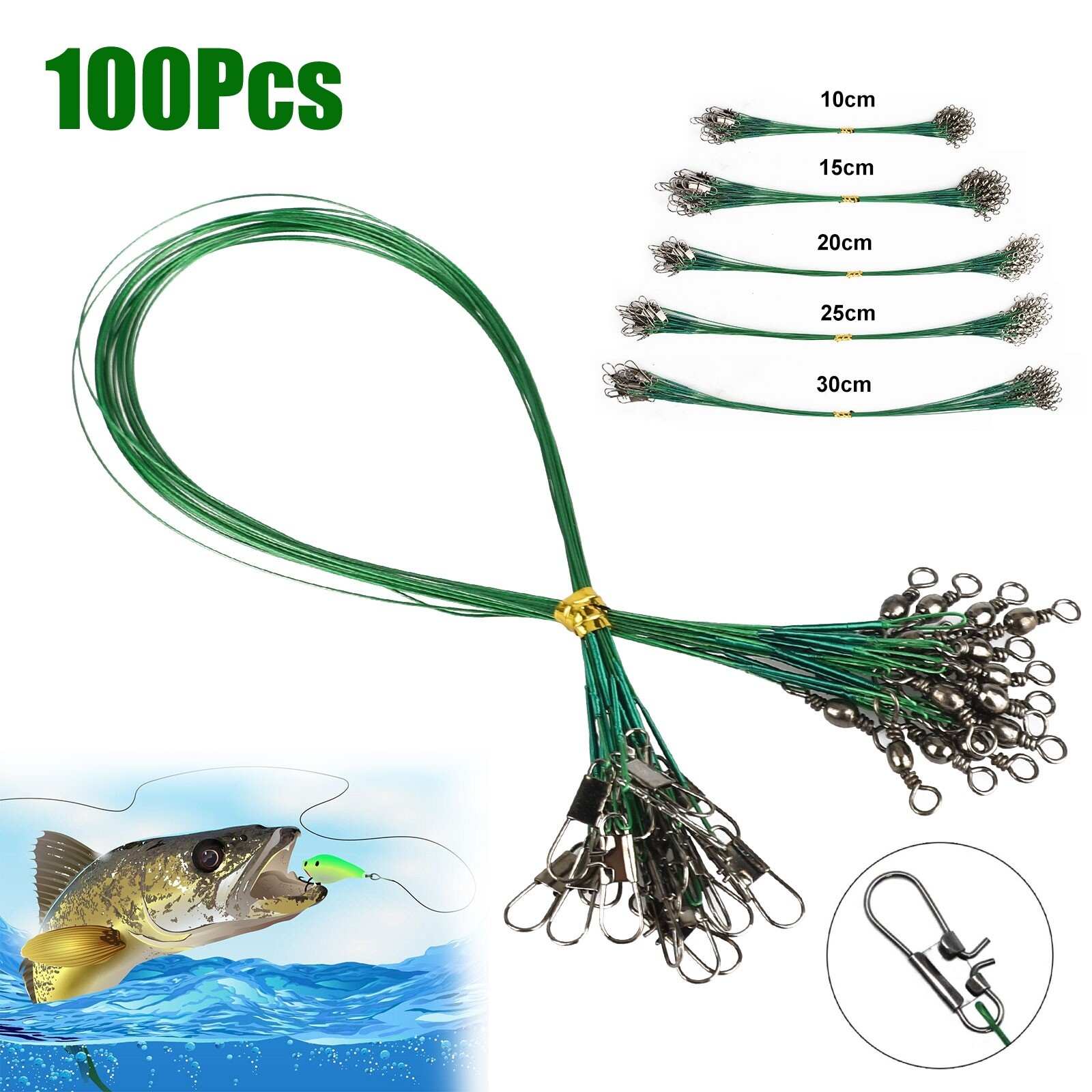100pcs Stainless Steel Trace Wire Leader Fishing Line Leaders With Snap & Swivel