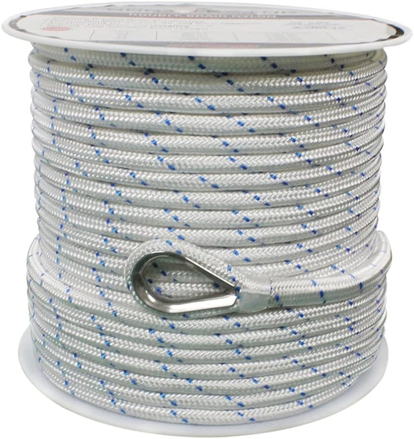 Boattector Double Braid Nylon Anchor Line with Thimble – 1/2″ X 150′, White with