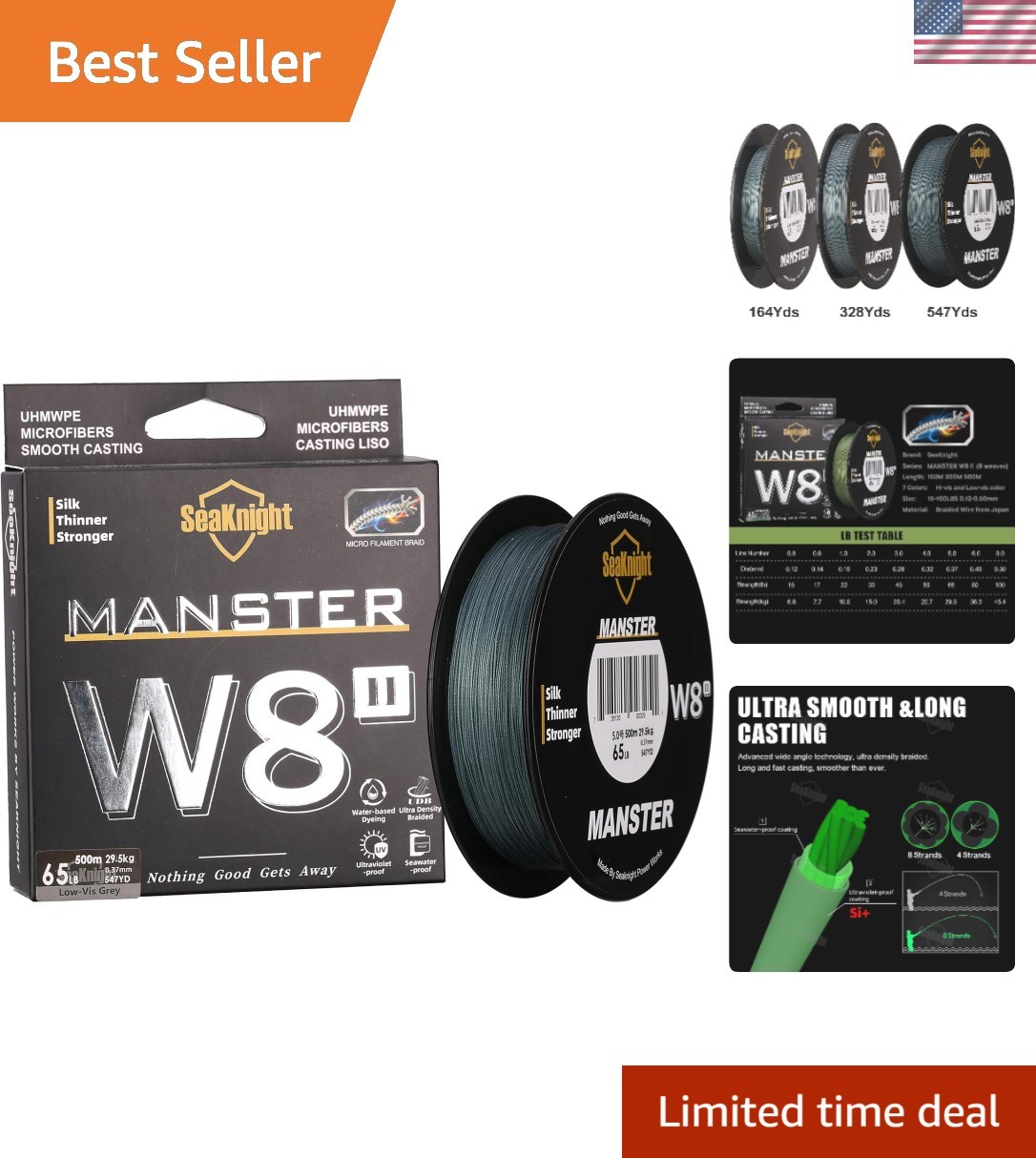 Super Strong MANSTER W8 II No-Stretch Braided Fishing Line – 50LB (Low-Vis Gray)