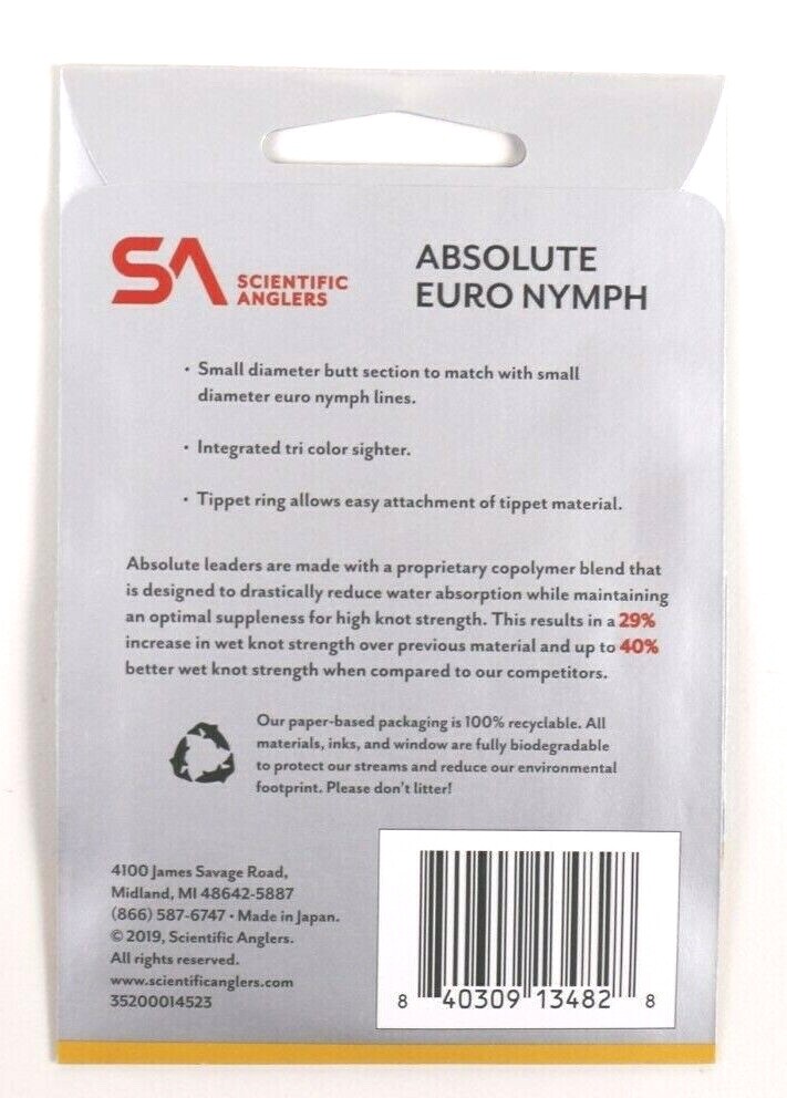Scientific Anglers Absolute Euro Nymph Leader – All Sizes – FREE SHIPPING