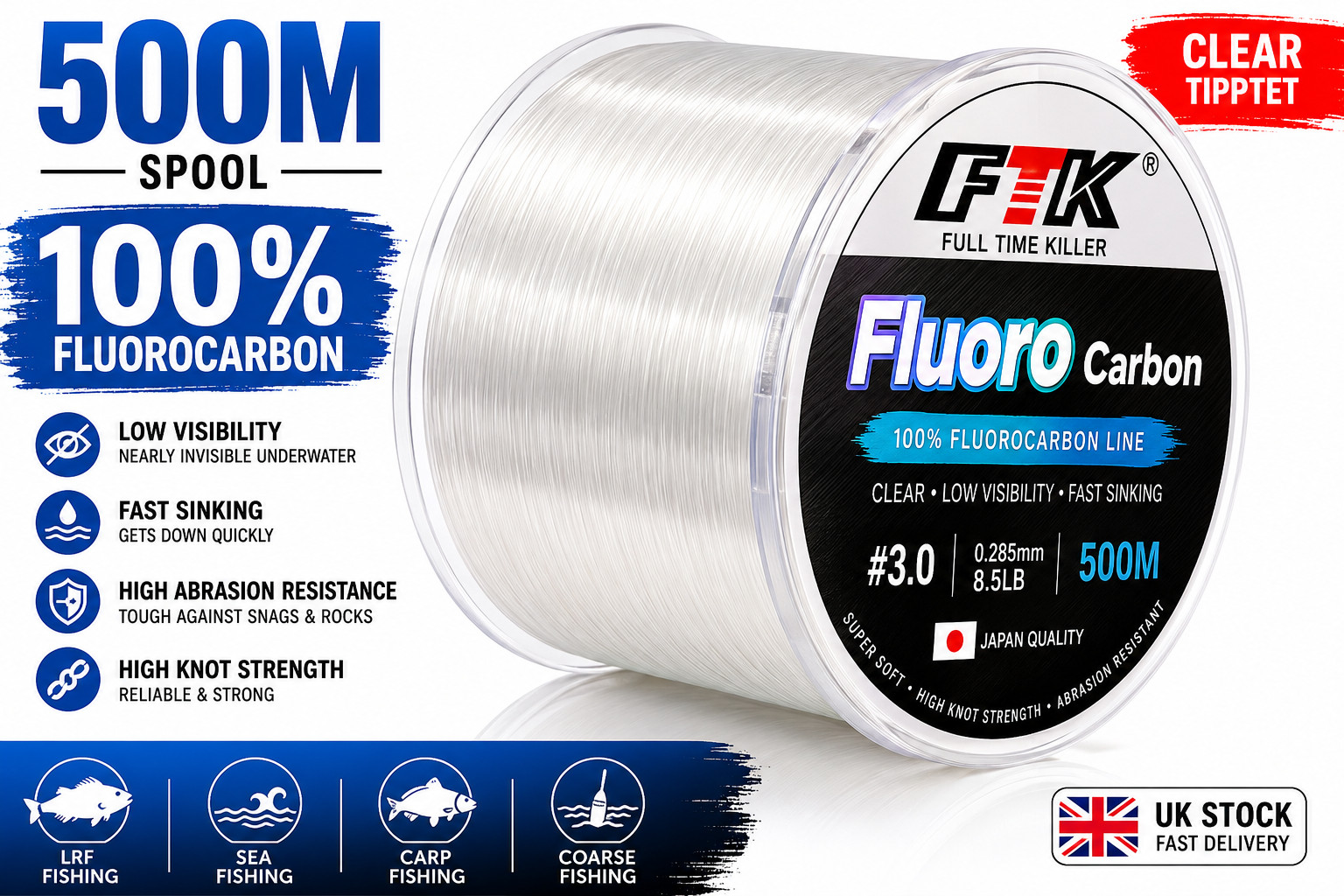 500m Fluorocarbon Fishing Main Line Clear Leader Line LRF Sea Coarse Fishing