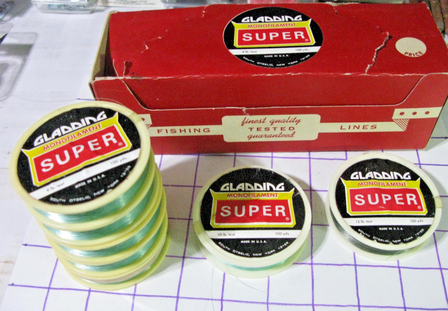 7 Gladding Fishing Lines: (5) 100yds, 4lb, (1) 100yds 10lb, (1) 100yds 12lb-NOS