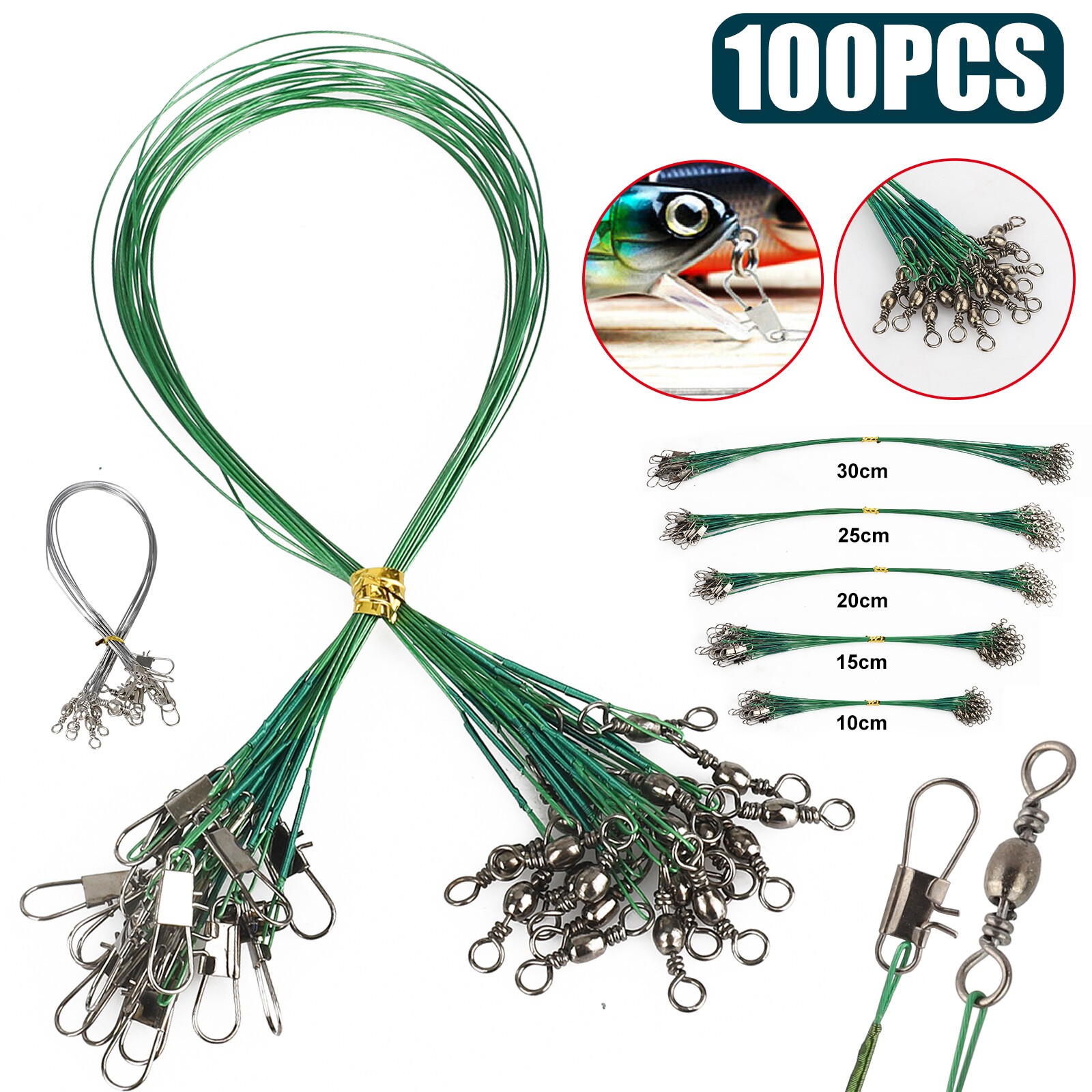 100Pcs Fish Trace Wire Leader Fishing Line Stainless Steel Lures w/Snap & Swivel