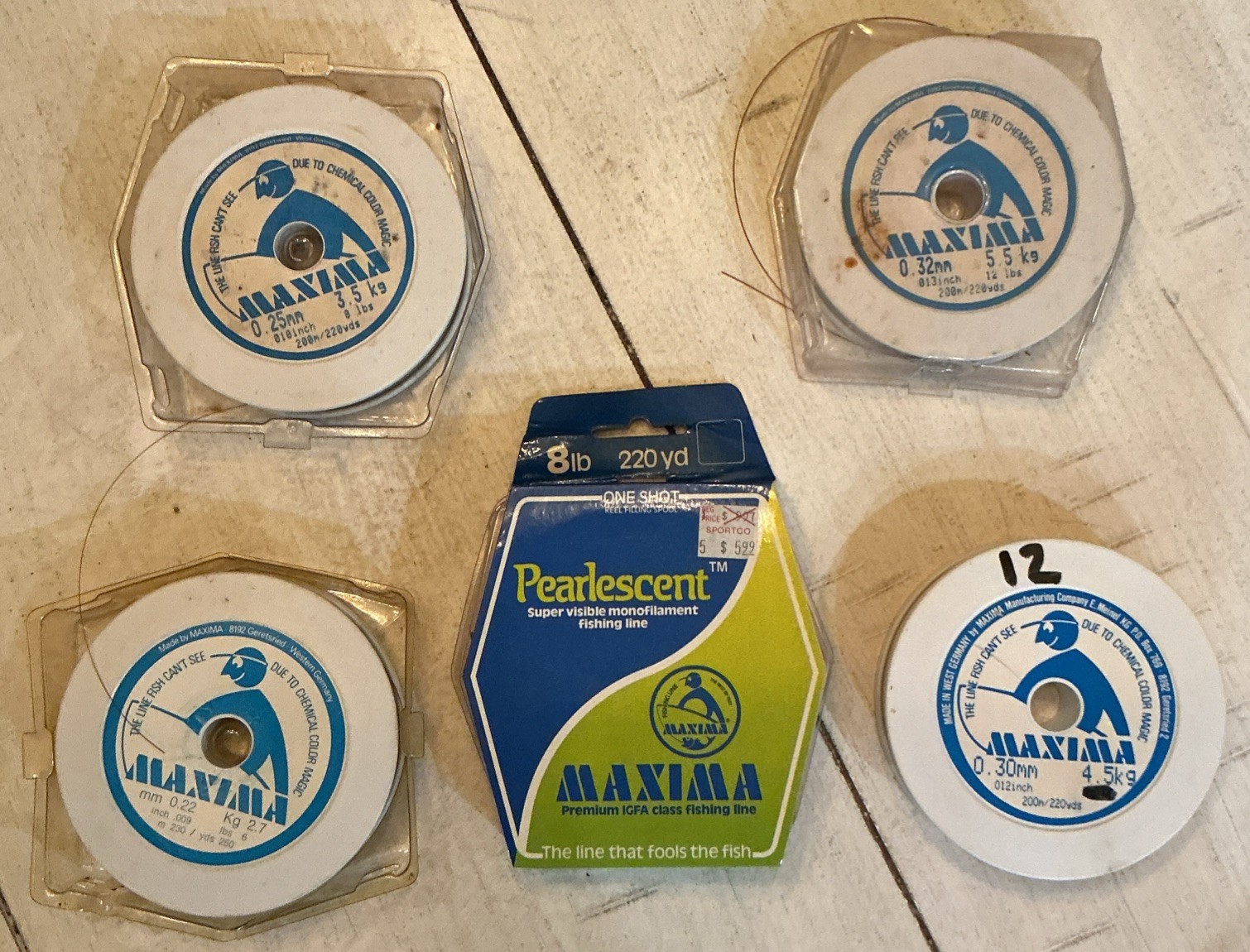 Lot of 5 Vintage Maxima Fishing Line Spools 1 NIB Pearlescent