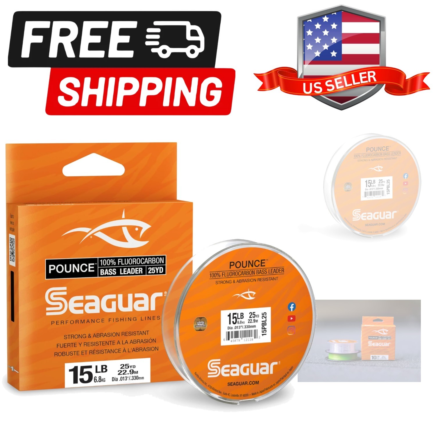 Pounce Bass Fishing Leader Line, Freshwater, 100% Fluorocarbon, 25yd Spool, C…