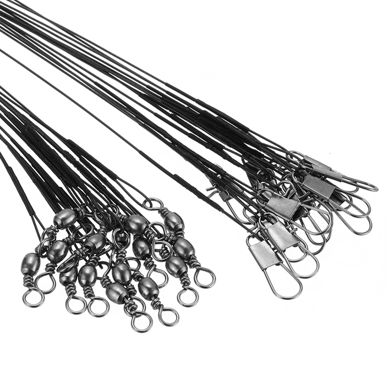 60Pcs Fishing Wire Leader 8″ Steel Lure Line with Swivels and Snap Black