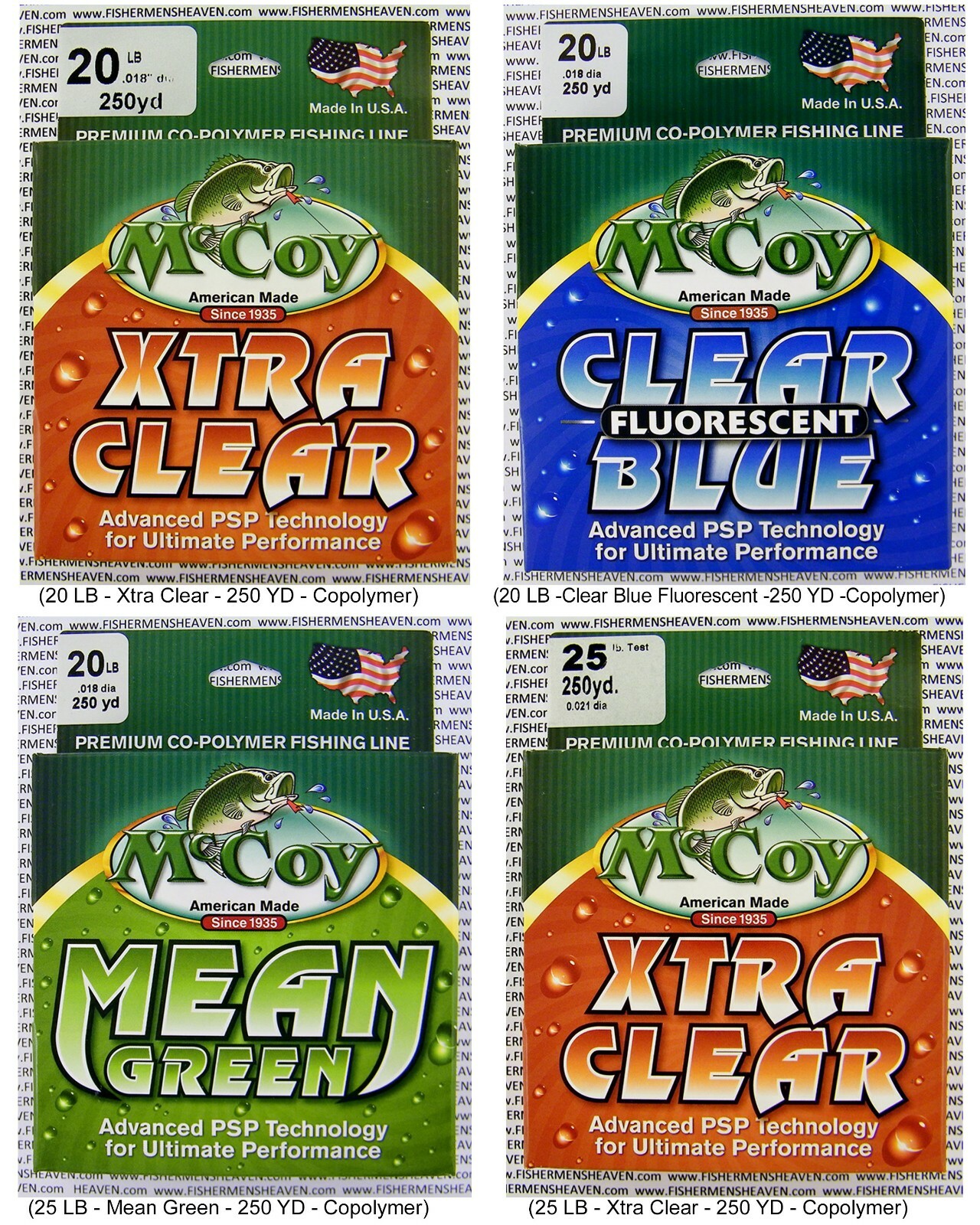 McCoy Fishing Line Copolymer Mono Mean Green Blue Clear 250 YD Spool Any LB Test
