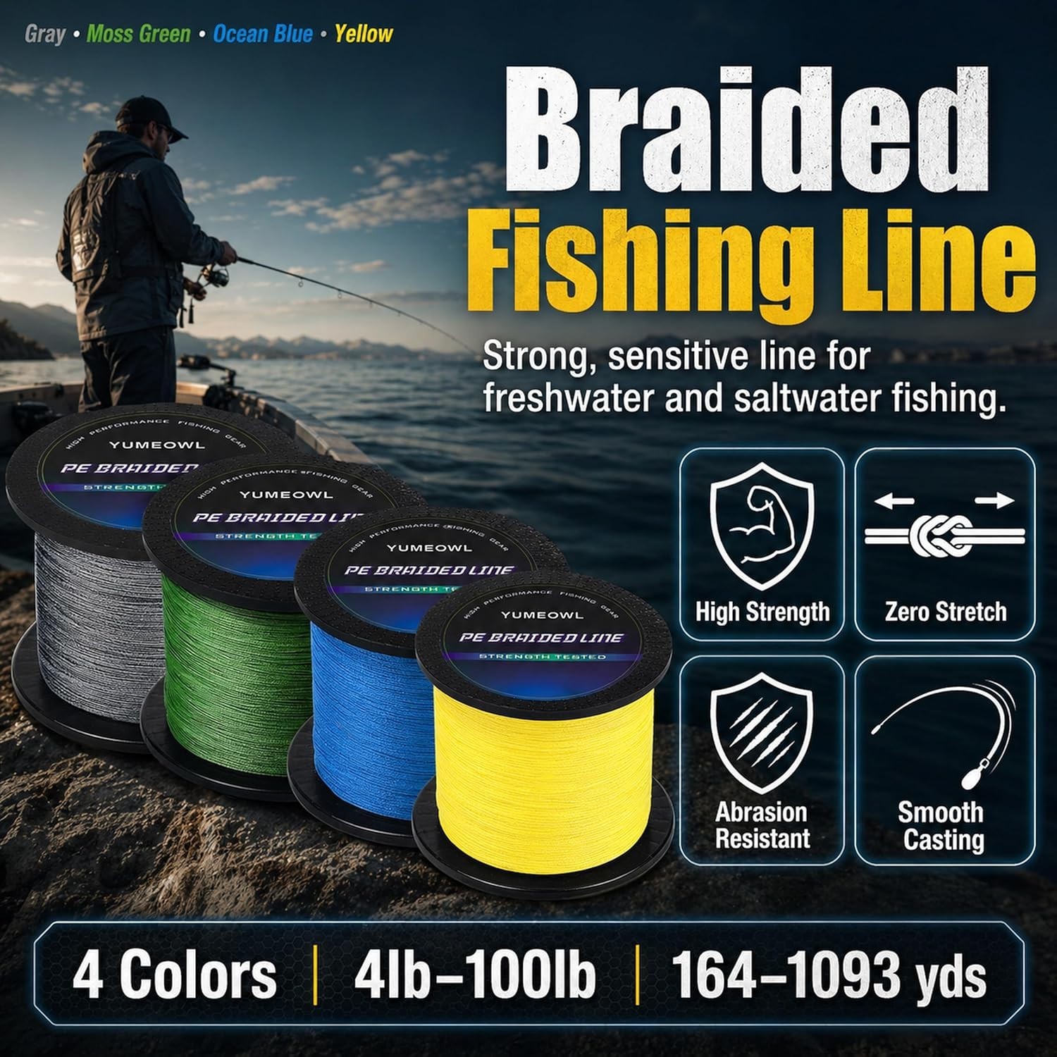 Thinner Braided Fishing Line in Ocean Blue – 10lb | Abrasion Resistant 328yds