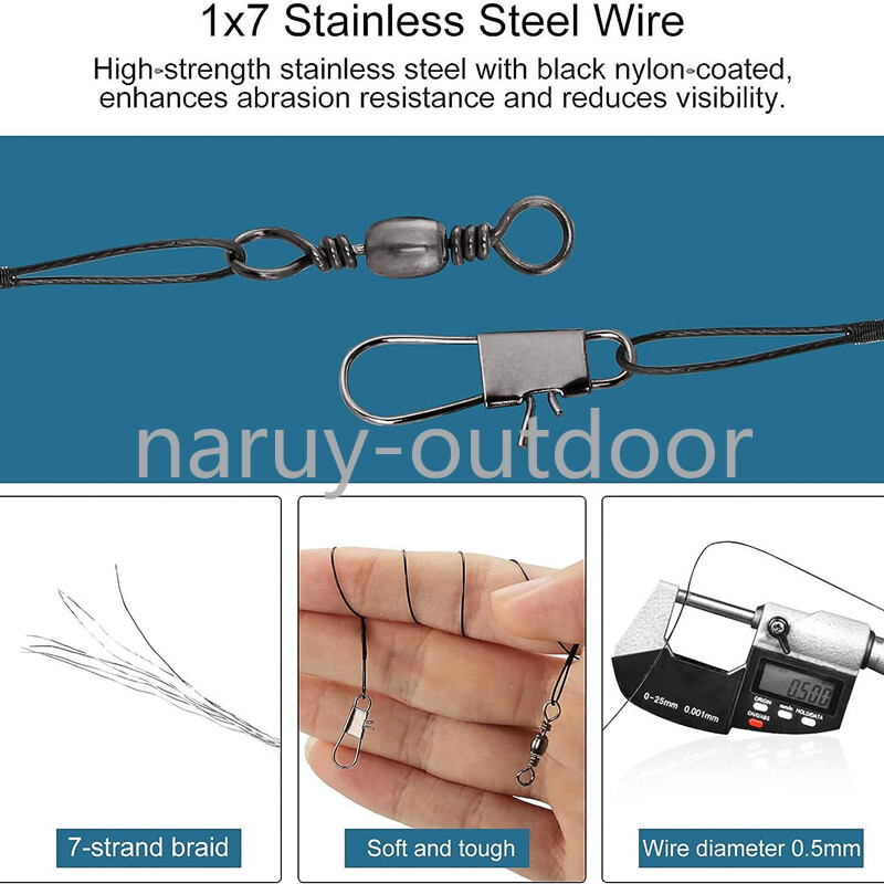 100pcs Stainless Steel Trace Wire Leader Fishing Line Leaders With Snap & Swivel
