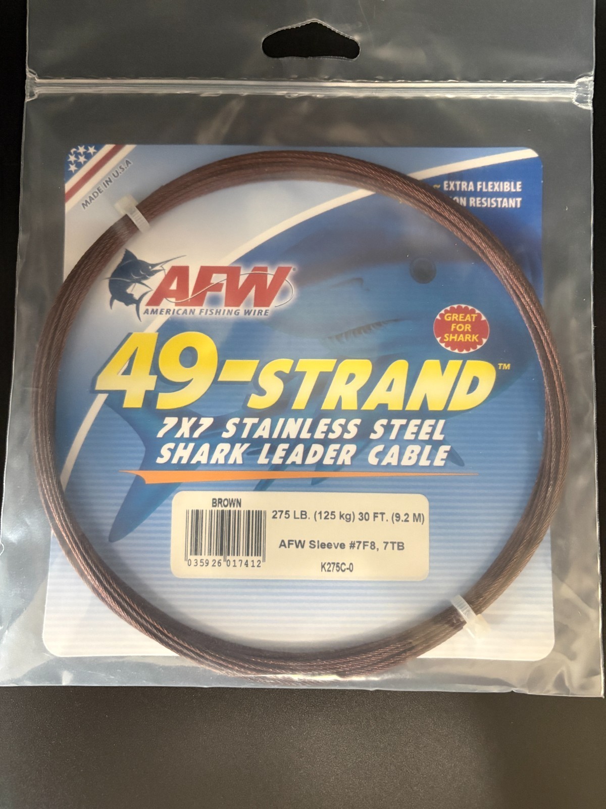 AFW 49-Strand 7×7 Stainless Steel Shark Leader Cable 275 LB 30 FT Brown K275C
