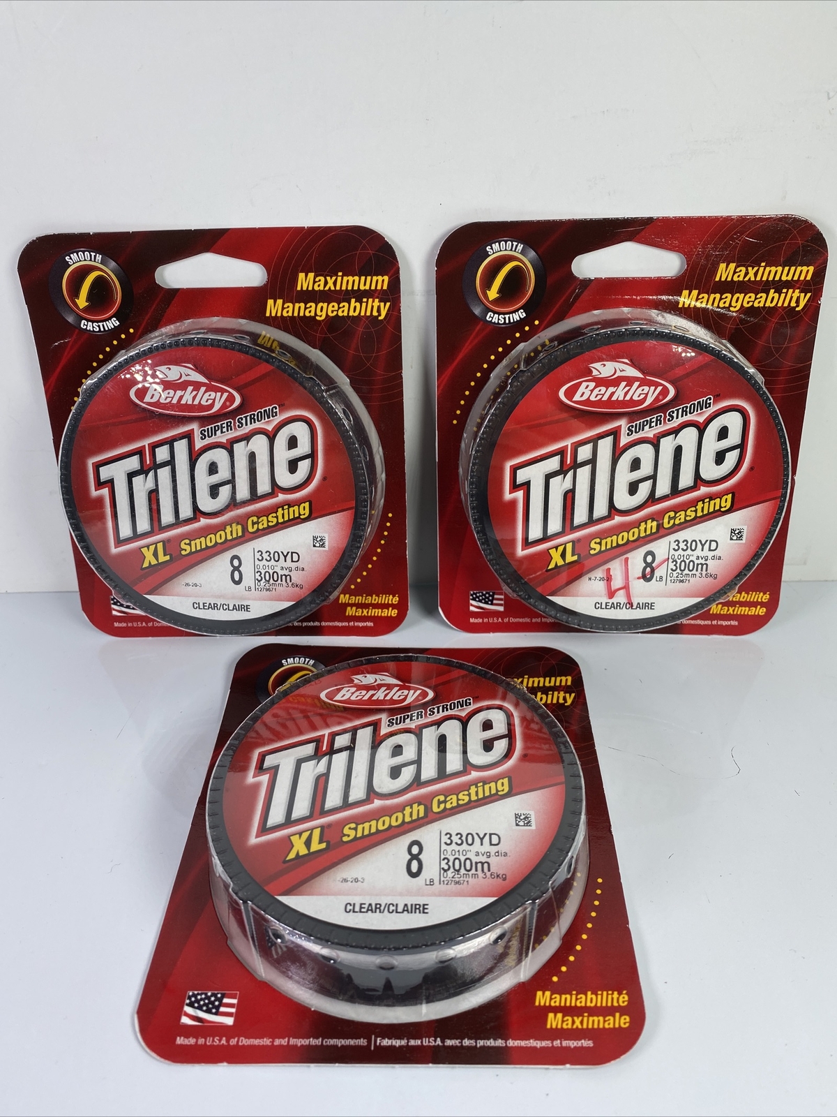 Three 300YD Spools Berkley XLFS8-15 Trilene XL Smooth 8lb Clear Fishing Line