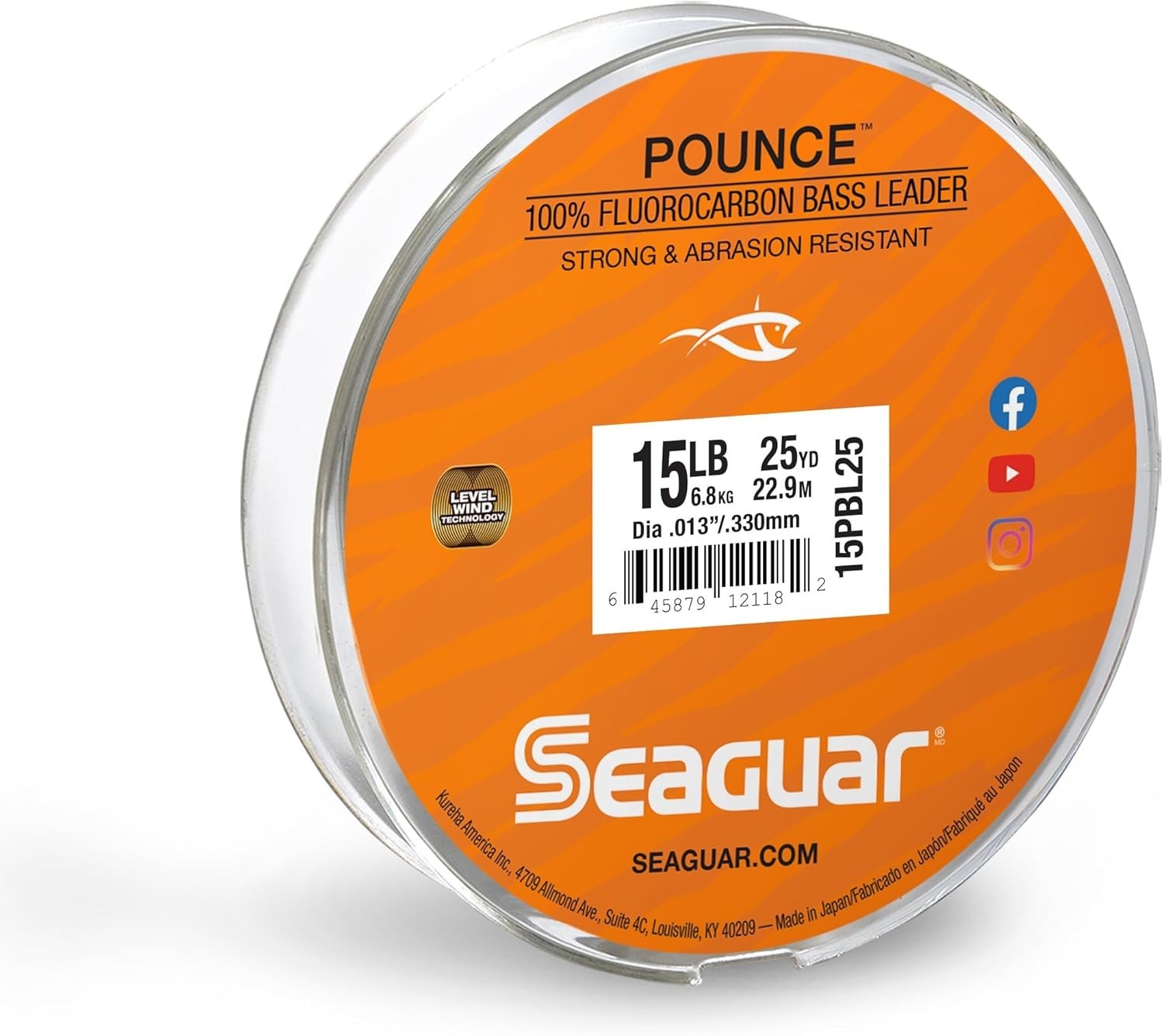 Pounce Bass Fishing Leader Line, Freshwater, 100% Fluorocarbon, 25yd Spool, C…