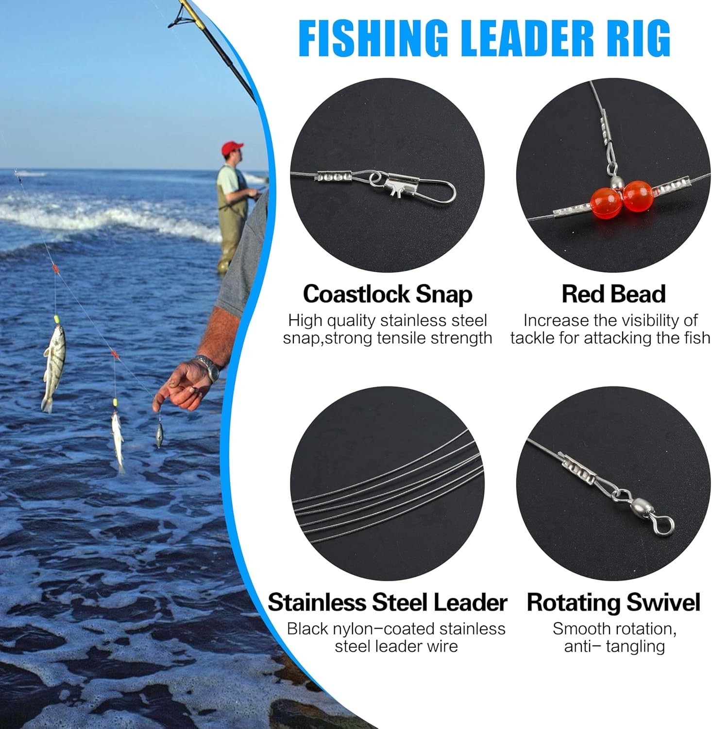 Saltwater Fishing Rigs – High Strength Leaders with Swivel Snaps 24 Pack