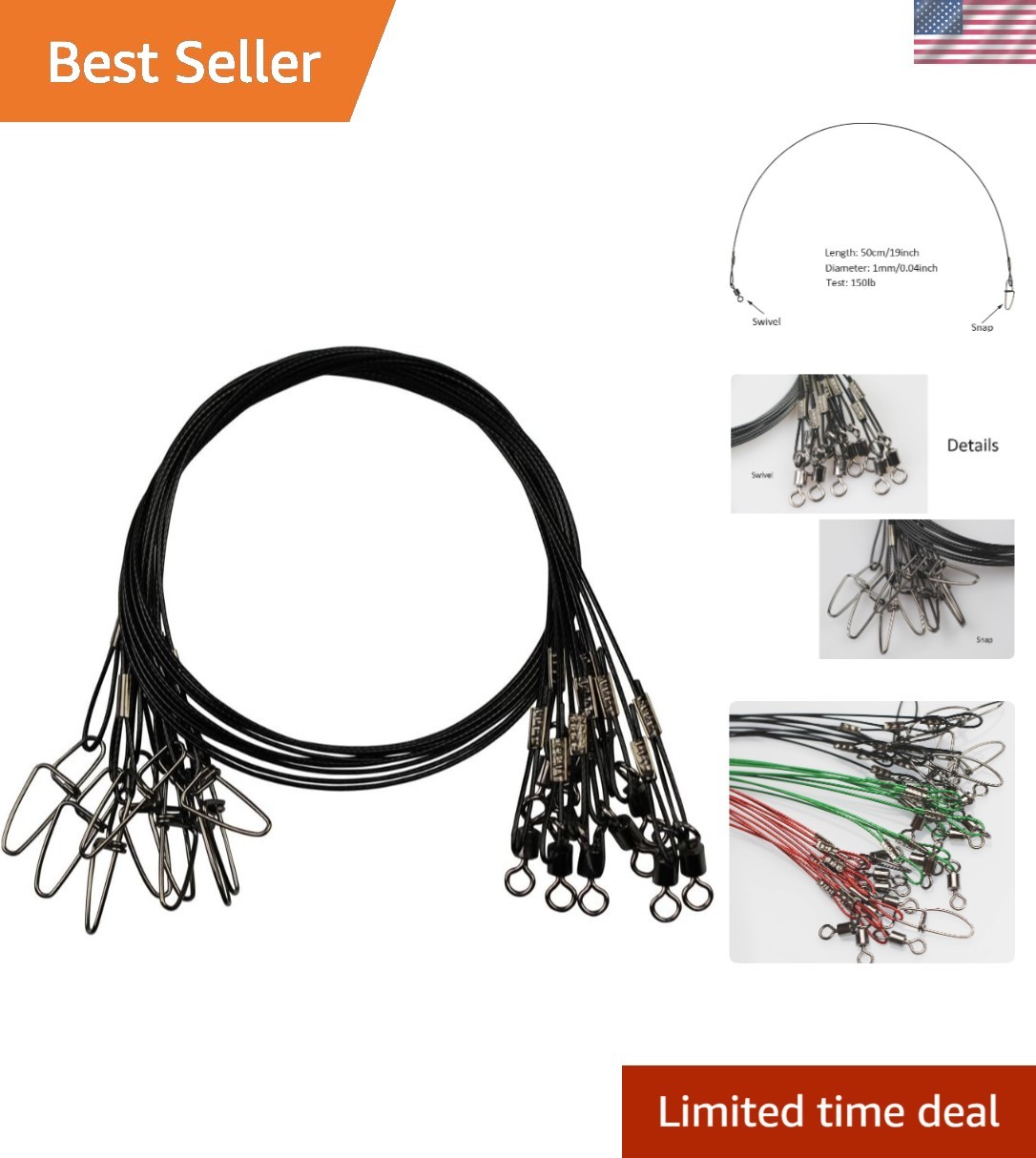 20PCS Fishing Wire Leaders 150LB with Snaps – Abrasion-Resistant and Reliable