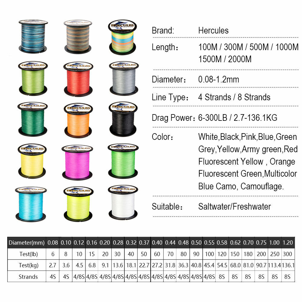 HERCULES 300m/500m/1000m Army Green 10-300lb Test PE Weave Braided Fishing Line