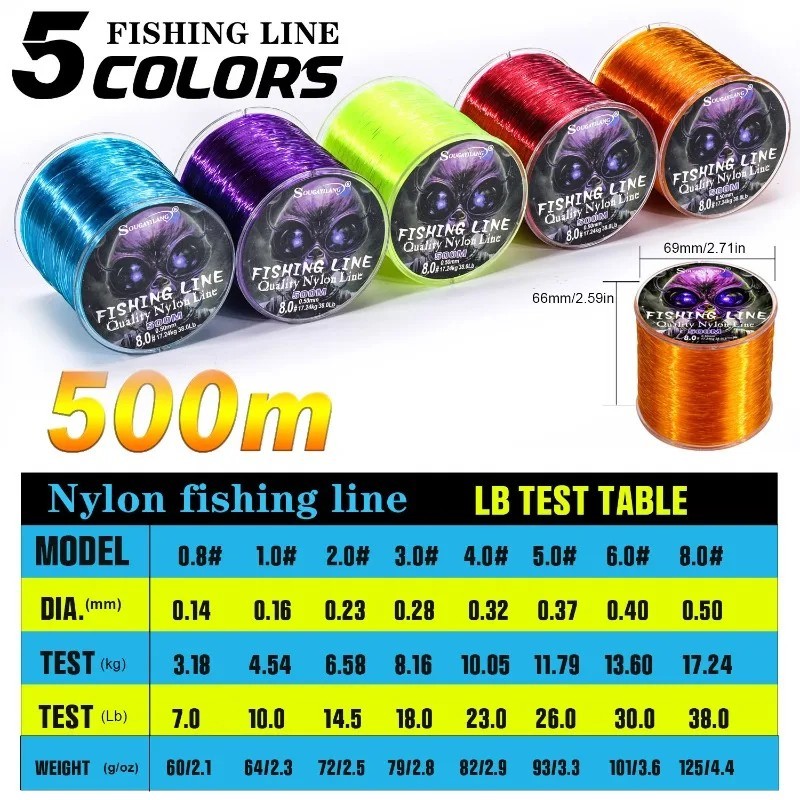 Sougayilang 500m Nylon Fishing Line Max Drag 7-38LB Super Stronger Nylon Line