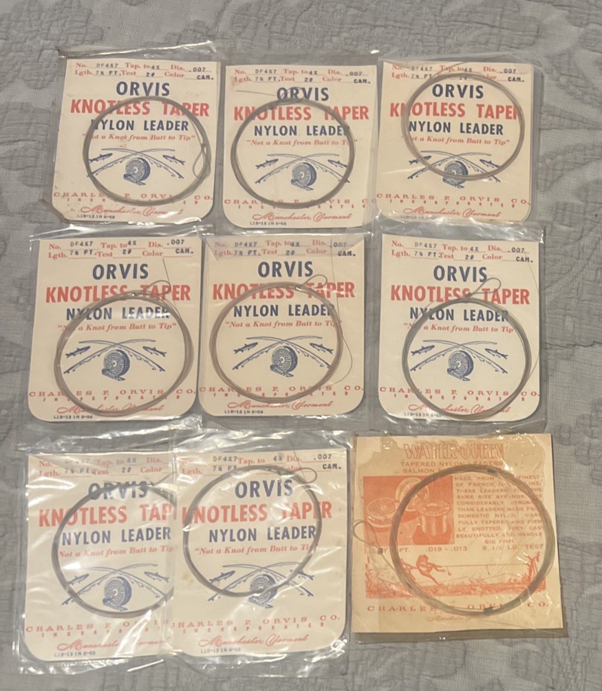 Lot Of 8 Orvis Knotless Taper Nylon Leader + 1 Water Queen In Package Vintage
