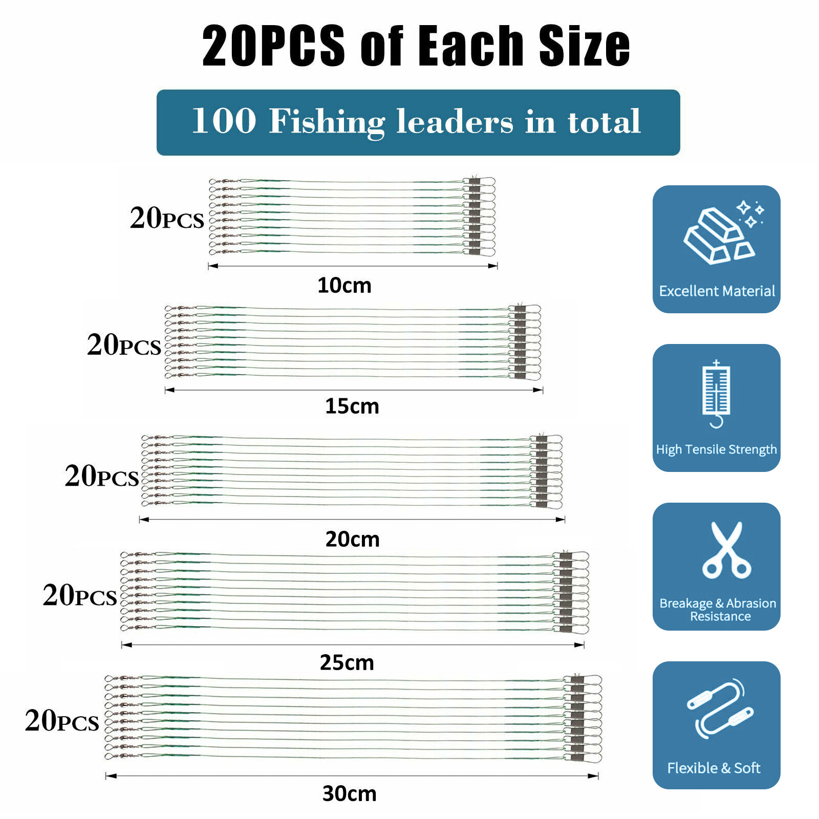 100x Stainless Steel Trace Wire Leader Fishing Line Lures Snap Swivel Arms Hook