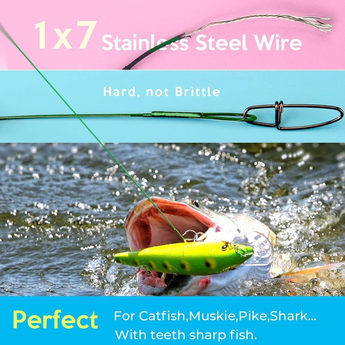 Durable Stainless Steel Fishing Leaders, 60pcs with Snap Hook Retainers Included