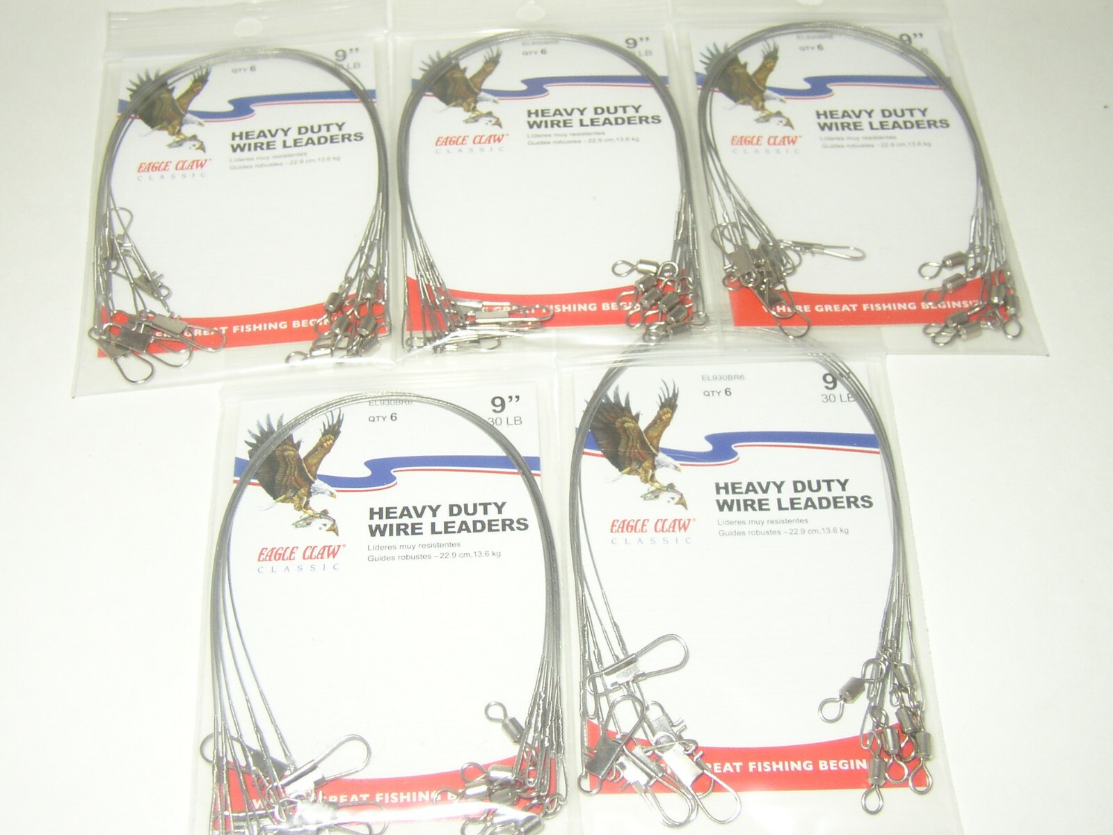 30 EAGLE CLAW 9″ STAINLESS WIRE LEADERS 6 TO A PACKAGE 30 LB TEST 5 PACKAGES