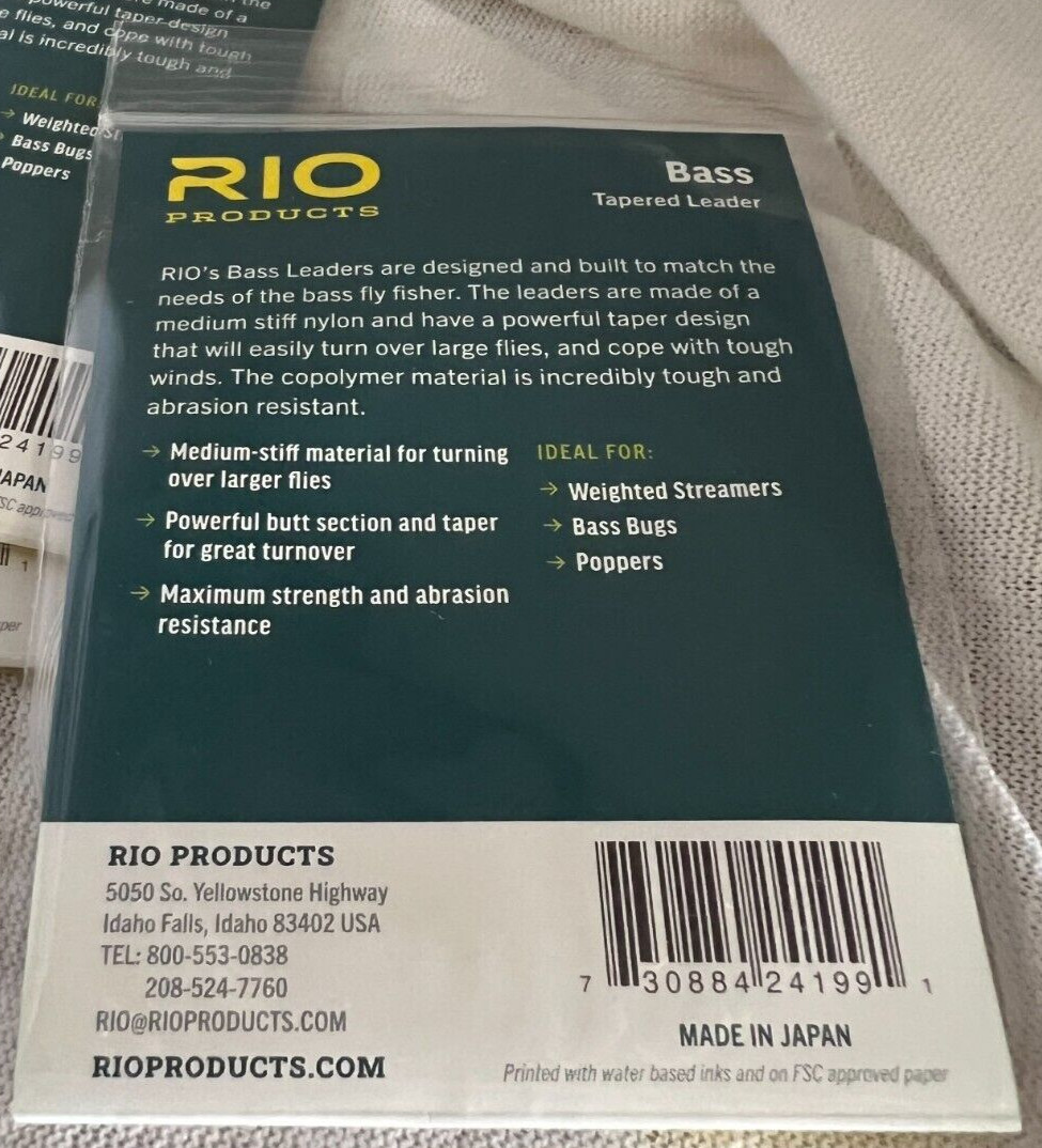 RIO 3-PACK BASS LEADERS 9′ FOOT 12 LB FRESHWATER NYLON FLY FISHING LEADERS