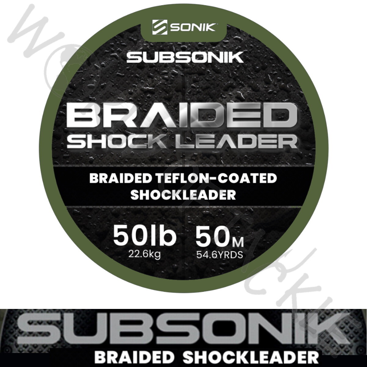 Sonik Shock Leader Braid 50lb Subsonik 50m Lo-Viz Olive Green Carp Fishing