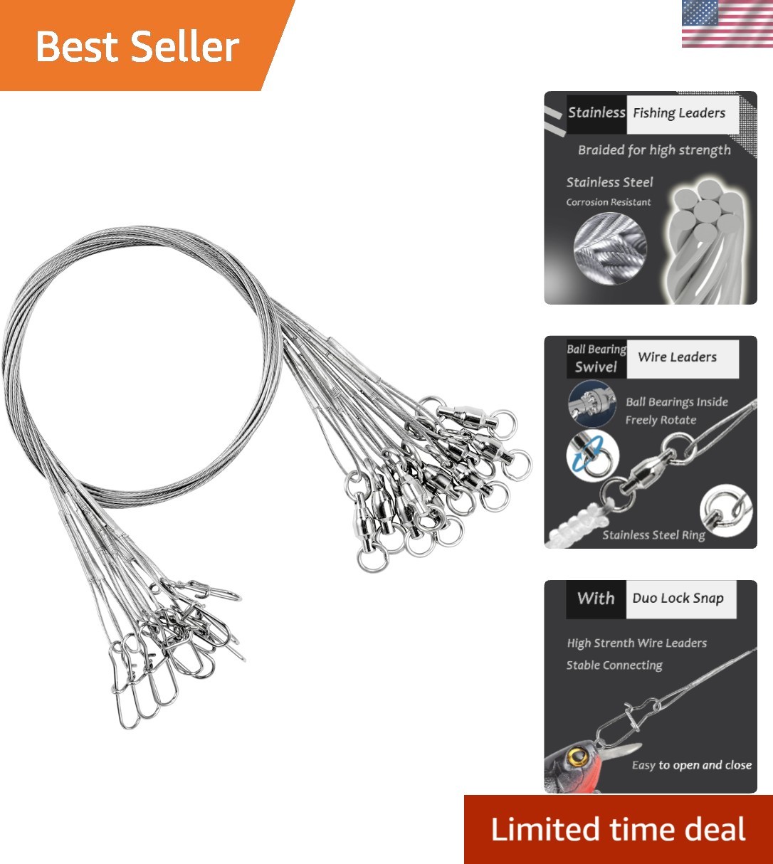 Heavy-Duty Stainless Steel Fishing Leaders 20pcs, 50lb, Saltwater & Freshwater