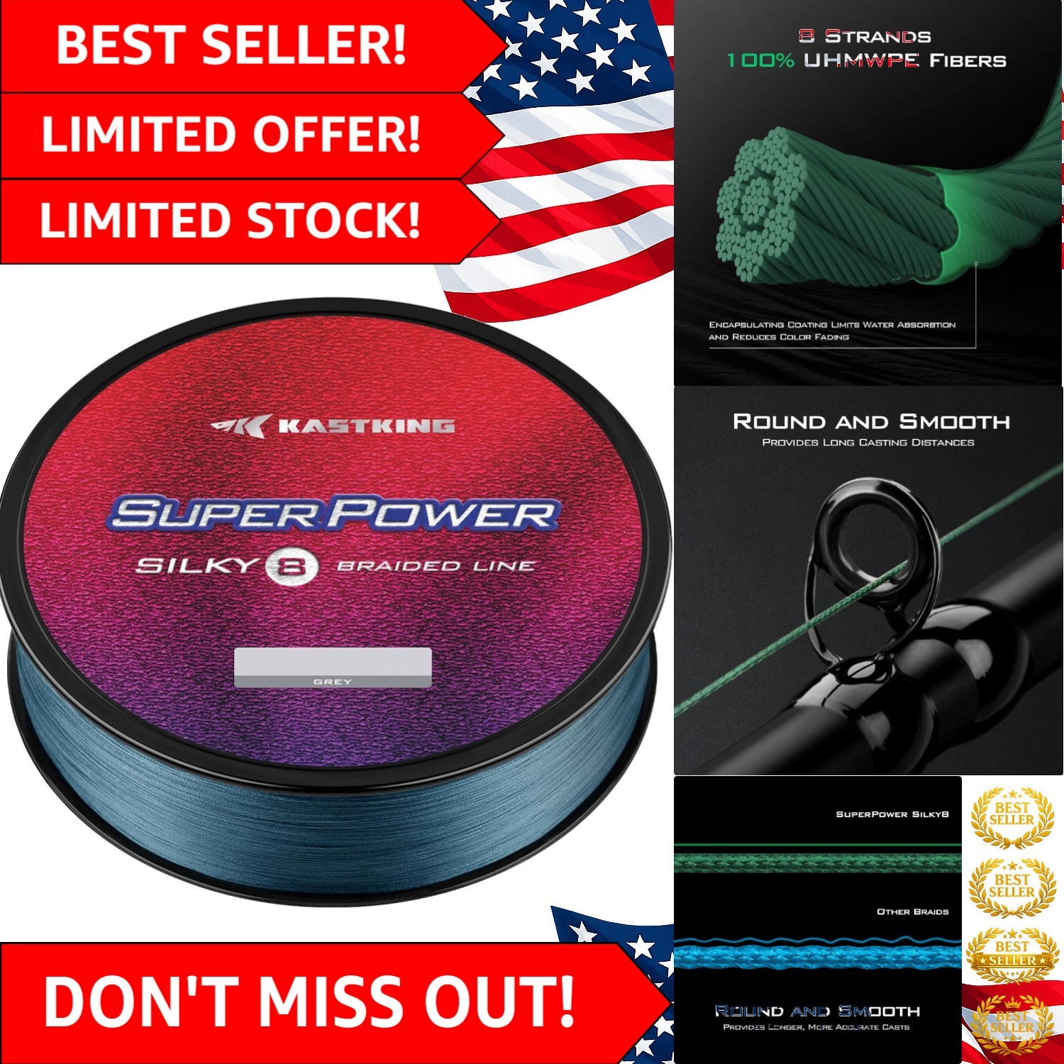 SuperPower Silky8 Braided Fishing Line, 450ft, X8-Gray – Zero Stretch Technology